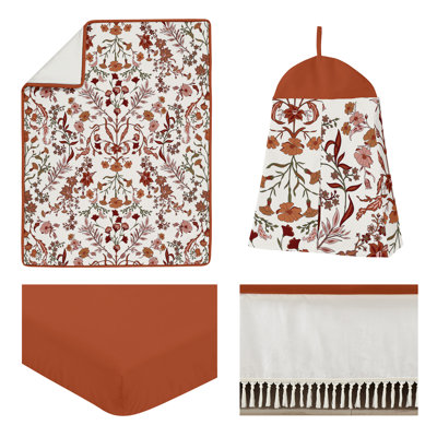 Boho Floral Wildflower Rust Orange and Ivory 4 Piece Crib Bedding Set