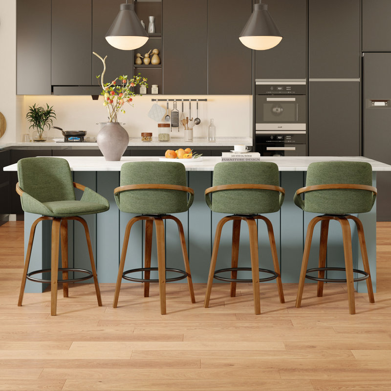 26'' Counter Modern Upholstered 360° Swivel Bar Stools With Curved Backrest & Solid Wood Frame -Linen (Set Of 4), Green