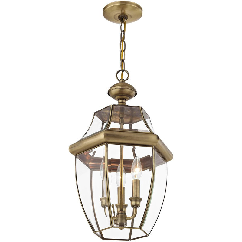Outdoor Pendant Lighting Fixture with Clear Glass Shade, Antique Brass