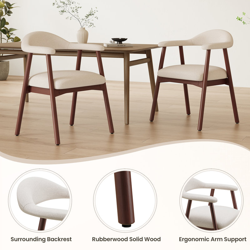 Upholstered Dining Armchairs With Solid Wood Legs, Fabric Beige