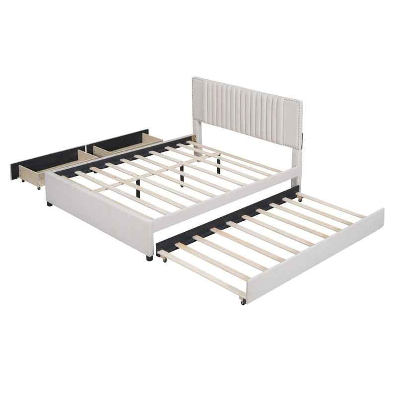 Full Size Bed With Twin Size Trundle, Double, Beige