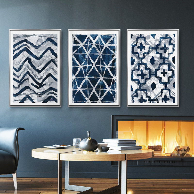 Indigo Memory IV, ensemble de 3 toiles encadrées, H 40 po x l 78 po, Encadrement argenté