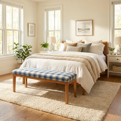 53'' W End Of Bed Bench Upholstered With Wooden Legs For Bedroom, Blue Gingham Linen Cushion Seat