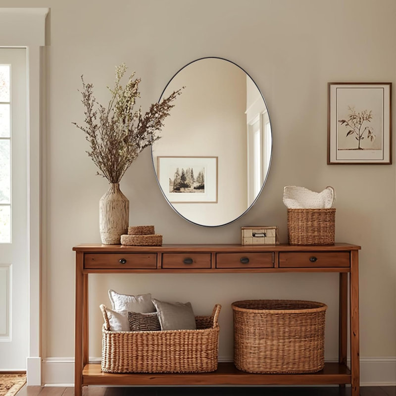 Miroir de salle de bain Kaitlee Cadre en acier inoxydable, Nickel brossé, 36 po x 24 po, Ovale et ronde