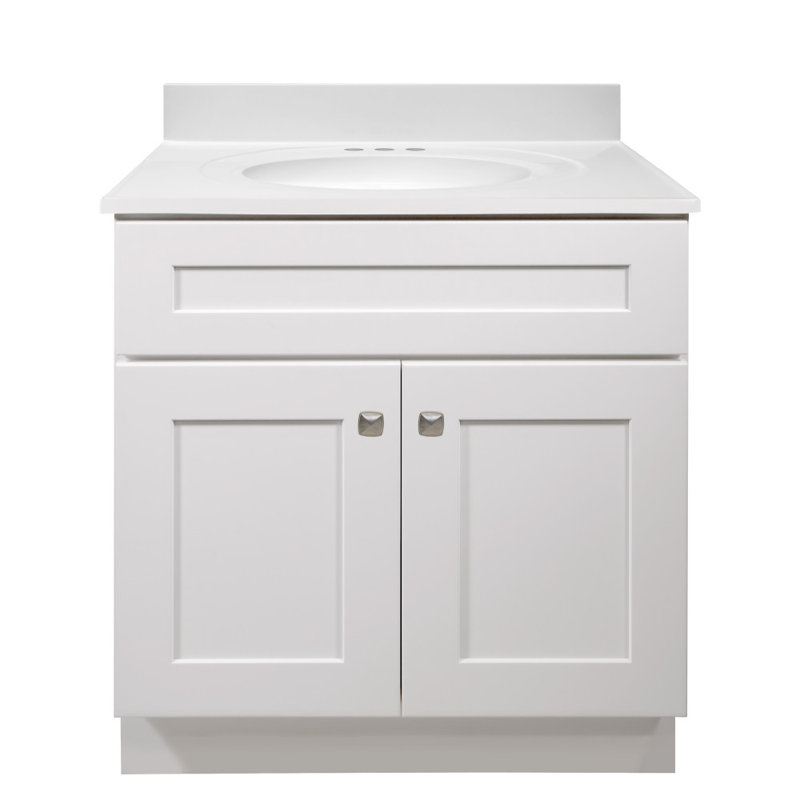 Meuble-lavabo de 31 po avec plateau Brookings, prêt à assembler, Blanc uni, Centres de 4 po, Blanc