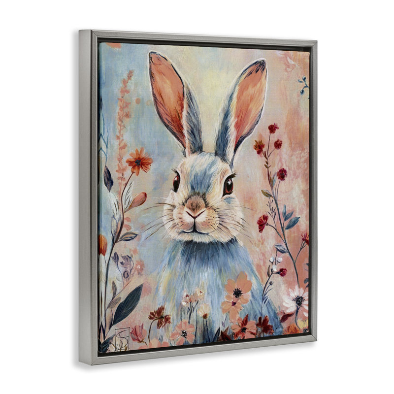 Cadre flottant Blue Rabbit & Wildflowers, design par Sara Culpepper, H 21 po x l 17 po, Cadre flottant gris lustré