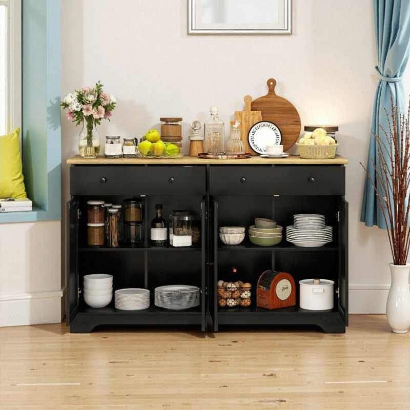 Buffet 55 po moderne noir et chêne avec tiroirs, tablettes réglables et conception anti-basculement - Buffet de rangement pour la cuisine