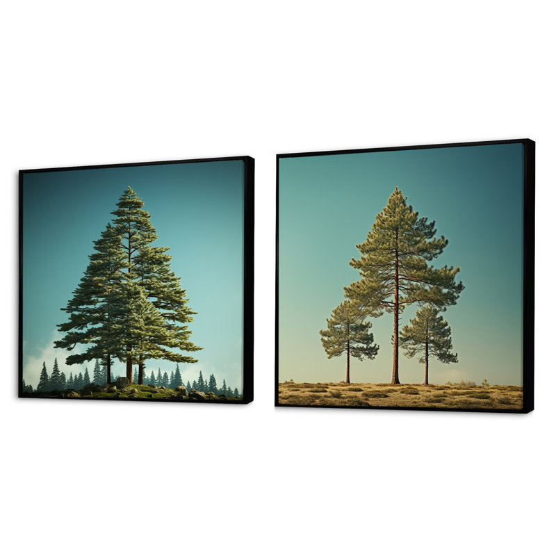 Perspectives du pin en forêt - Ensemble de 2 collages carrés de pin, Cadre flottant noir, H 16 po x l 33 po