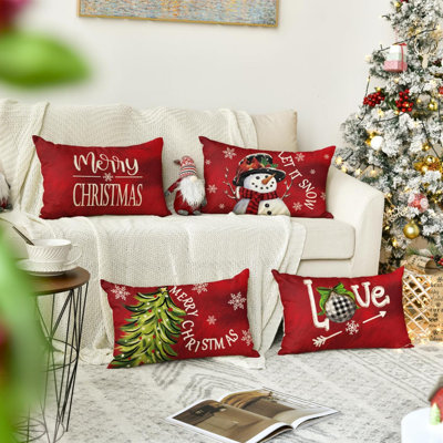 Merry Christmas Tree Red Throw Pillow Covers, 12 X 20 Inch Xmas Tree Holiday Cushion Case Decoration For Sofa Couch Set Of 4