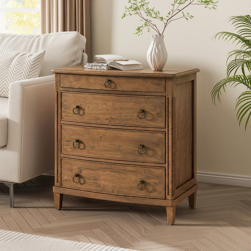 Relluna 27.16'' W Traditional 3-Drawer Nightstand with Pull-out Shelf and Solid Wood Legs, Brown