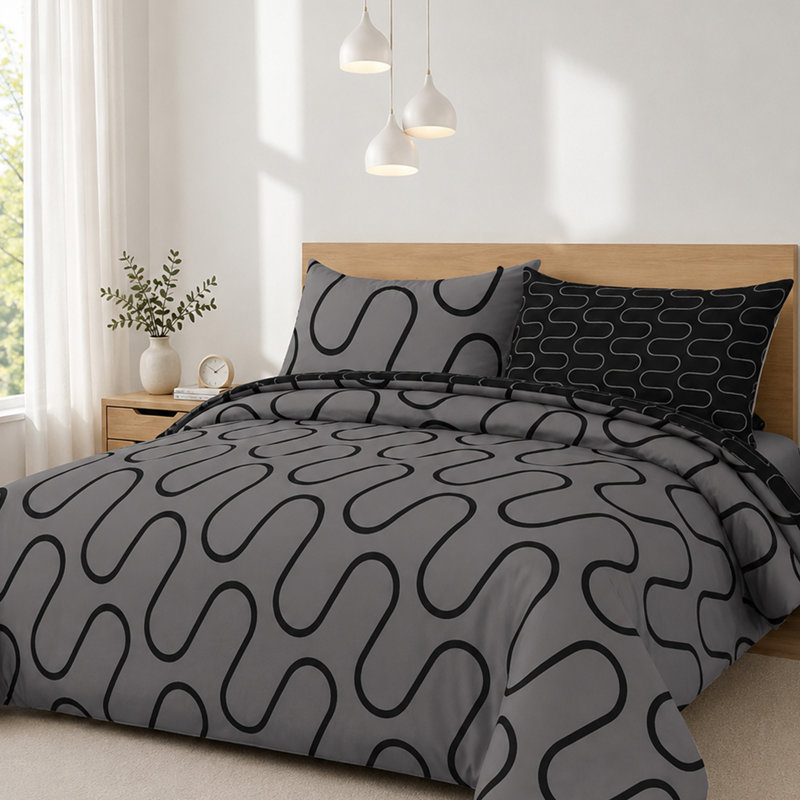 Aspire Homeware Black and Grey Wavy Geometric Duvet Cover Set, Double (200cm Width X 200cm Length)