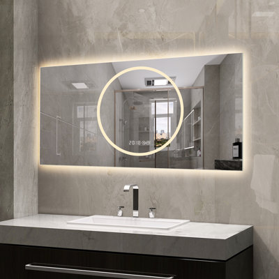Miroir de salle de bain 48 po x 24 po avec cuivre 5 mm - verre argenté, brouillard, 3 températures de couleur, intensité variable, fixation sécurisée 48 x 24 po, deux options d'alimentation