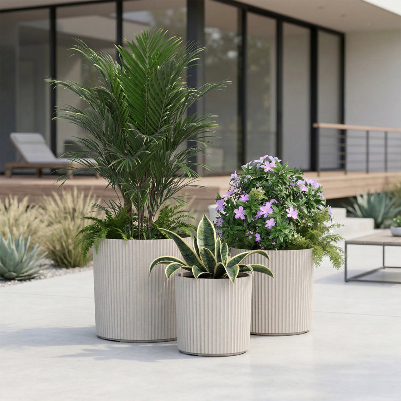 Byron Ribbed Round Planter - Set of 3 (10in, 12in, and 14in), Cream