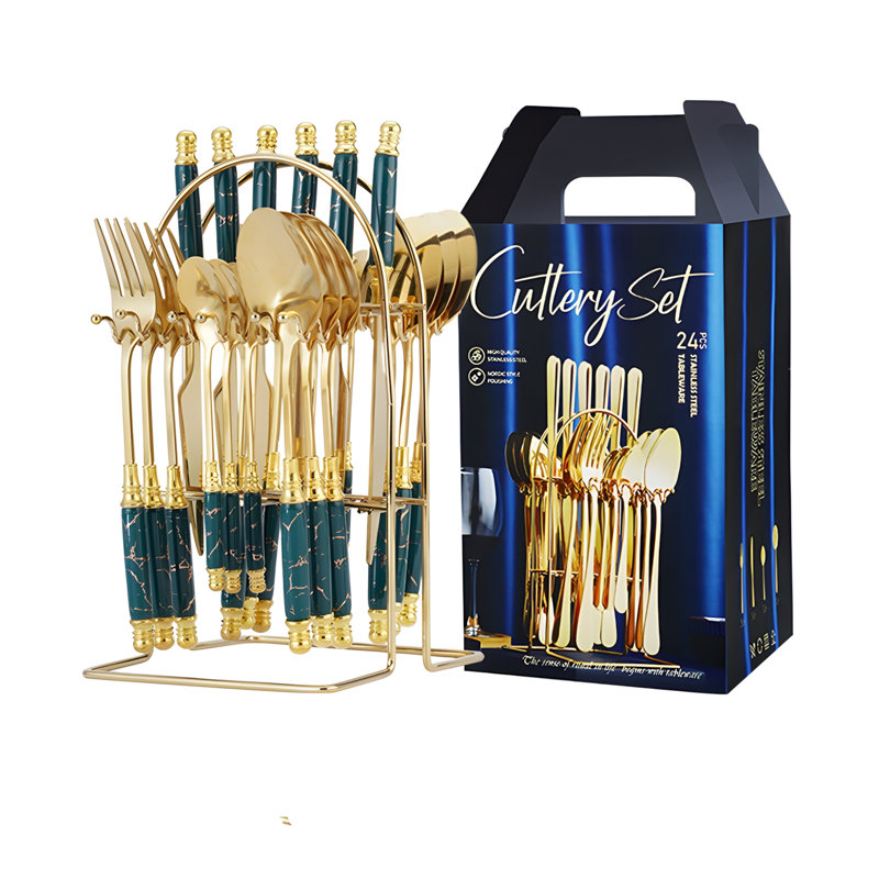 Ensemble de coutellerie de luxe 24 pièces en acier inoxydable avec poignées en céramique, comprenant 4 ustensiles principaux et un porte-couteaux, boîte-cadeau élégante