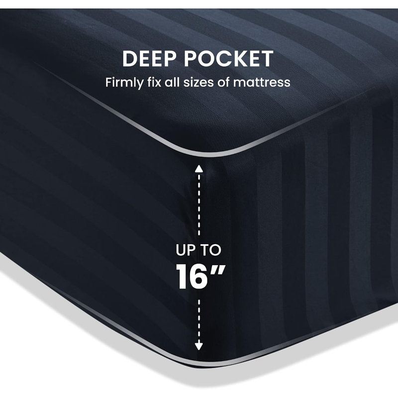 Sateen Striped Sheet Set, King Sheet Set + Fitted Sheet + 2 Pillowcases, Navy Blue
