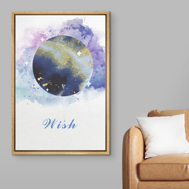 "IDÉE4WALL", reproduction d'art sur toile encadrée, souhait, aquarelle, lune bleue, astronomie et espace, technique mixte, art moderne bohème coloré pour le salon