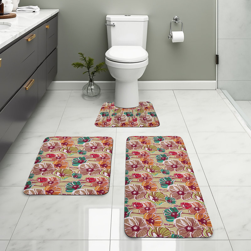  Earth Tones Bathroom Rug Set 3 Pieces U-Shape & Rectangle Mats Multicolor
