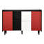 Armoire noire avec portes rouges et 2 compartiments ouverts pour portes de salle à manger, tiroirs et tablettes, buffet-600231088