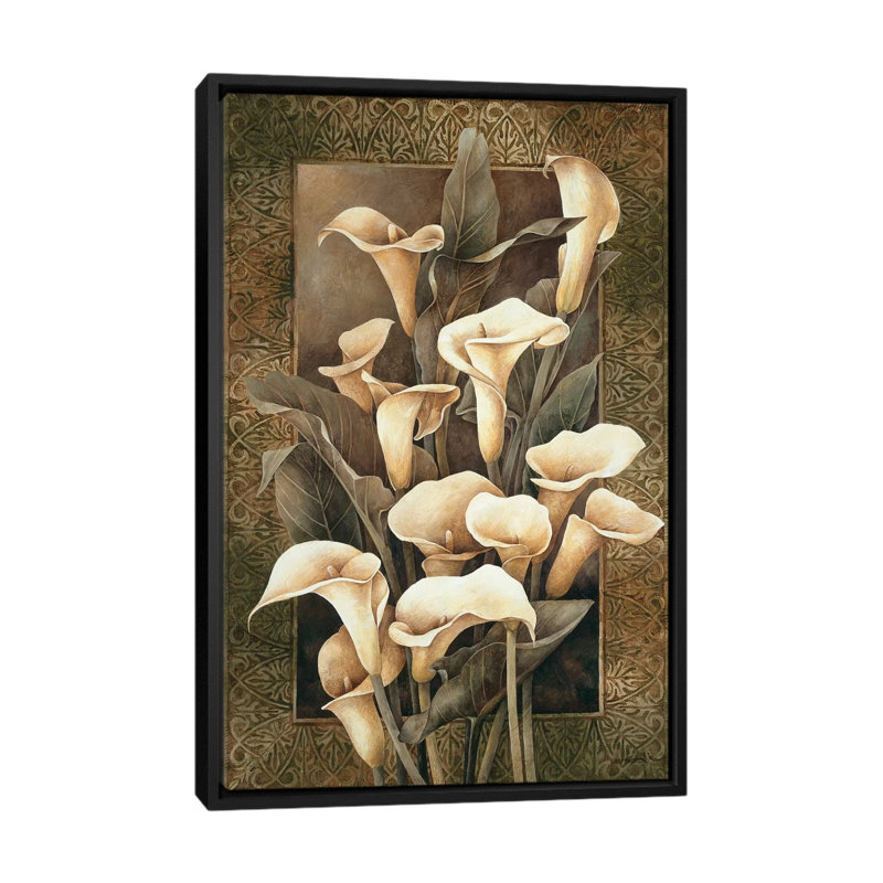 « golden calla lilies », impression sur toile, H 26 po x l 18 po x P 1,5 po, Toile avec cadre noir, Pas de tapis