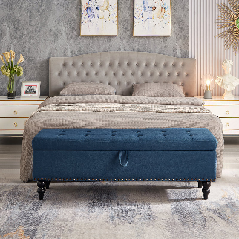 Banc de lit avec rangement en tissu bleu