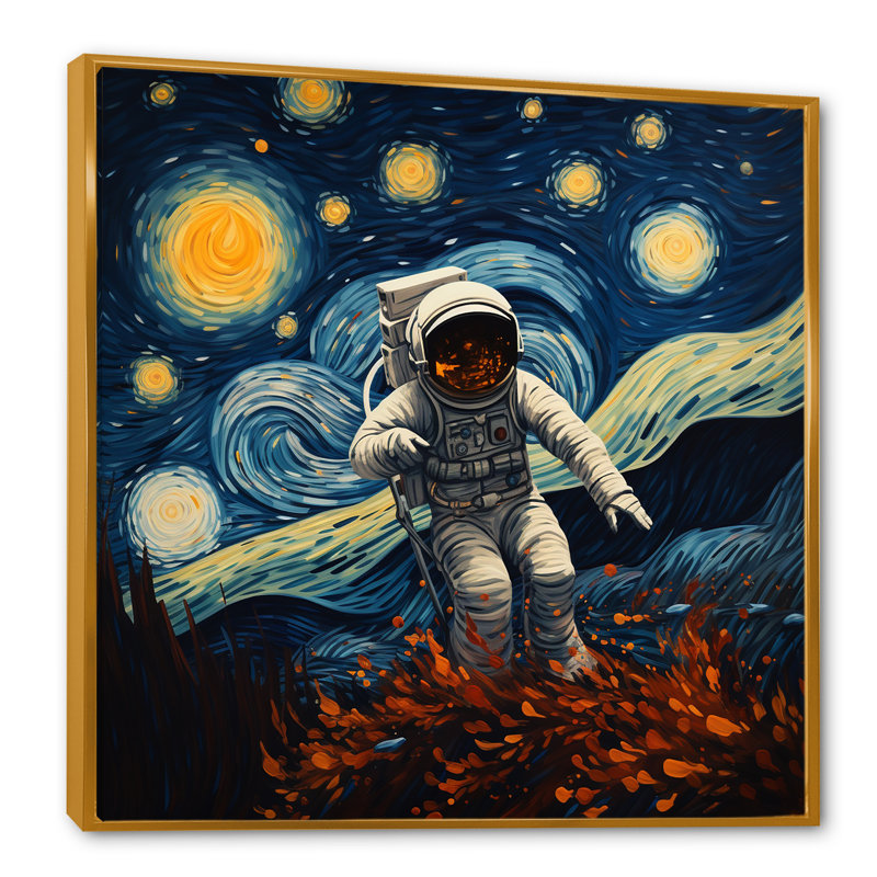 Vangogh Astronauts Through Space II - Space Wall Art, Gold Floater Framed, 30" H x 30" W