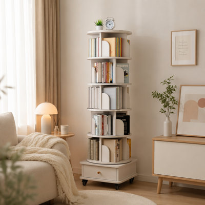 6 Tier Rotating Bookshelf, 360° Display Round Spinning Bookshelf With Wheels And Drawer, Space-Saving, Small Space Rotating Bookshelf Tower For Bedroom, Living Room, Home, Office, Warm White