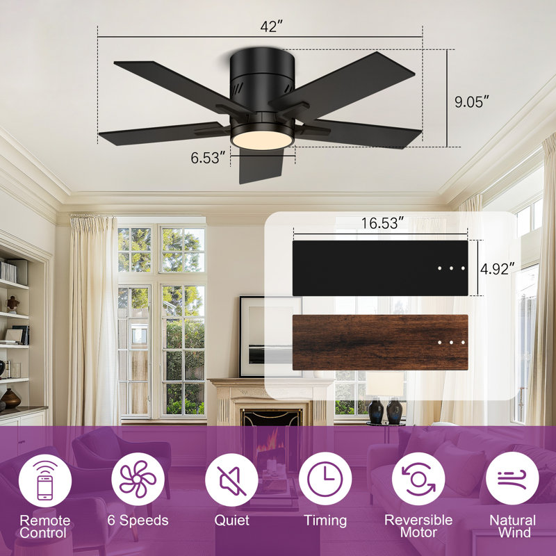 Ventilateur de plafond noir / noyer de 42 po avec lumière DEL et télécommande Ludgerus