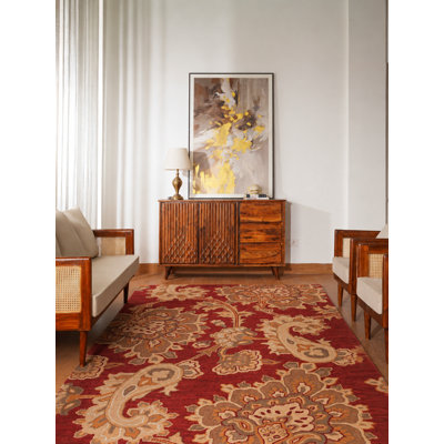Tapis écologiques en laine touffetée à la main Solomonia - Rectangle, couleur rouge foncé, motif floral moderne, tapis épais antidérapants faits à la main pour salon, chambre à coucher 