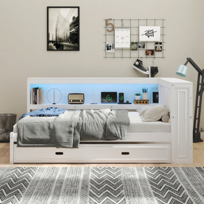 Full Size Wood Svein With Storage Shelves, USB, LED, And Trundle