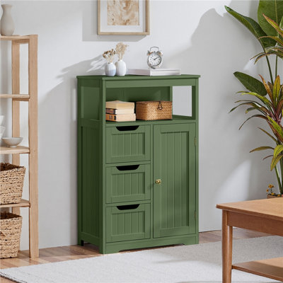 Armoire de salle de bain autoportante avec tablette réglable, 3 tiroirs et niche Brigit