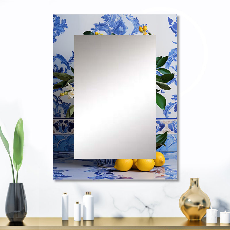 Greek tiles still life kitchen I - Boho Pottery Mirror, Traditional Unique Wall Mirror, Printed Metal Art, 32" x 24"