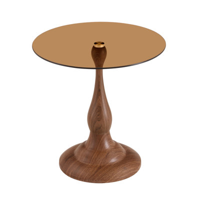 Petite petite table d'appoint en métal avec finition grain de noyer et une structure ronde en métal, dotée d'un plateau en verre d'un diamètre d'environ 19,6 pouces. Idéal pour une utilisation à côté d'un lit ou d'un canapé, dans les salons, etc.