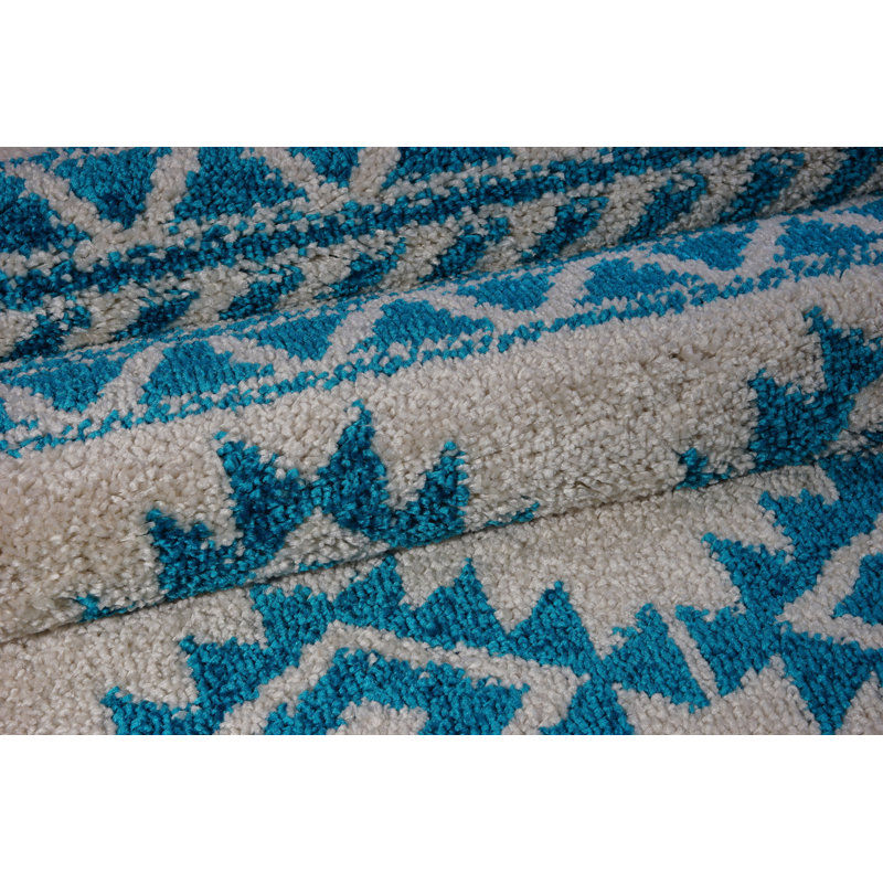 Tapis géométrique ivoire / turquoise Shirehampton, Rectangle 6 pi 5 po x 9 pi 5 po