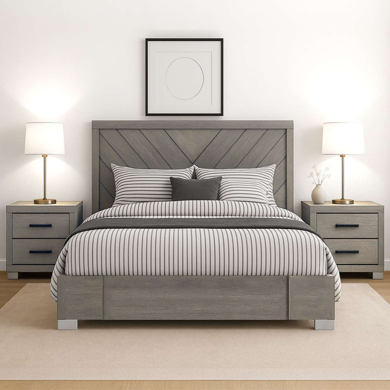 Ensemble de chambre avec grand lit 3 pièces en chêne gris contemporain avec tête de lit à chevrons et 2 tables de chevet