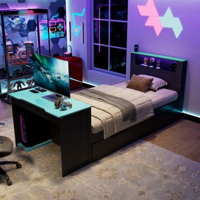 Twin Size Wood Platform Daybed with Pull-Out Trundle, Desk, USB Port & RGB LED Smart Headboard for Gaming/Study,Black+Blue
