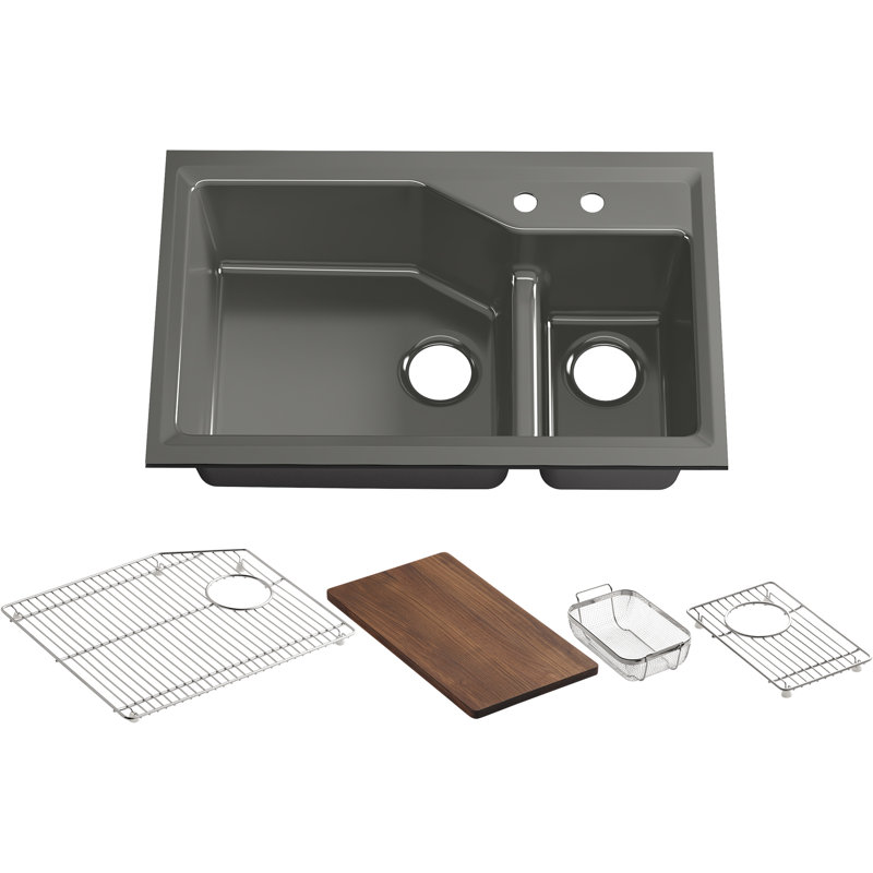 Indio® 33" L x 21.125" W Double Basin Undermount Kitchen Sink with Accessories, 2 hole, Ice Gray
