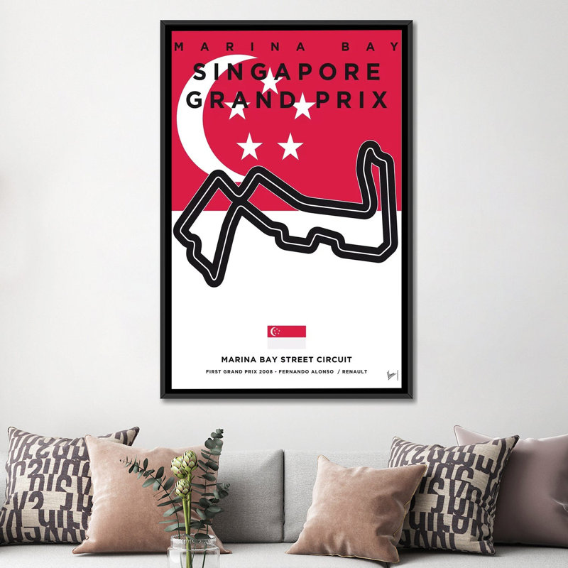 « f1 marina bay course track », impression sur toile, H 26 po x l 18 po x P 1,5 po, Toile avec cadre noir, Pas de tapis