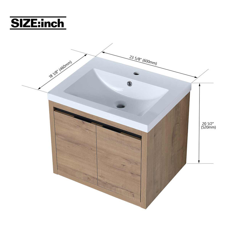 Meuble-lavabo mural simple 23,6 po avec plateau en résine Jeorgi, Brun clair