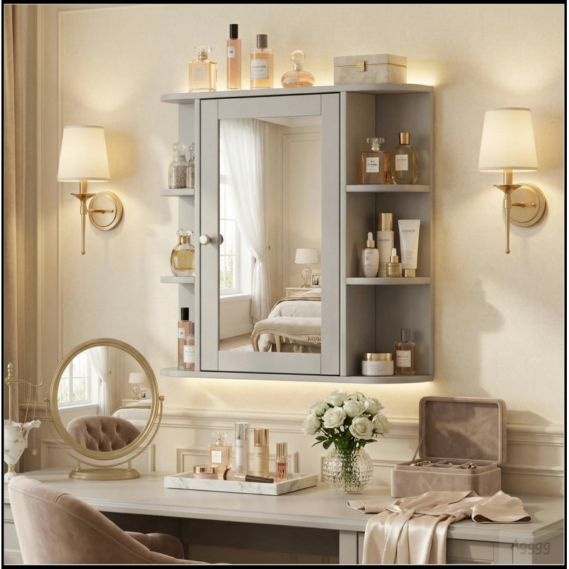 Bathroom Wall Storage Cabinet With Mirror, Medicine Cabinet With Adjustable Wood Shelf & Doors, Mounted Storage Cabinets With 6 Open Shelves, Gray