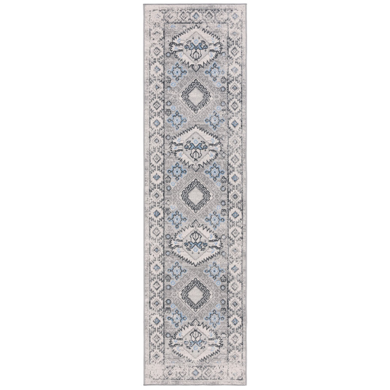 Tapis oriental en polyester tissé à la machine en gris, Tapis de couloir 2 pi 2 po x 8 pi