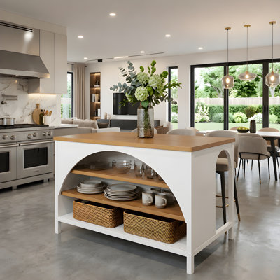Kitchen Island Cart 56 Inches Width MDF and Rubber Wood 1 Piece White Multi-Functional Kitchen Storage