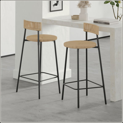 Tabourets de bar tissés à la main avec dossier, ensemble de 2 tabourets ronds en corde de papier avec repose-pieds pour îlot de cuisine et salle à manger