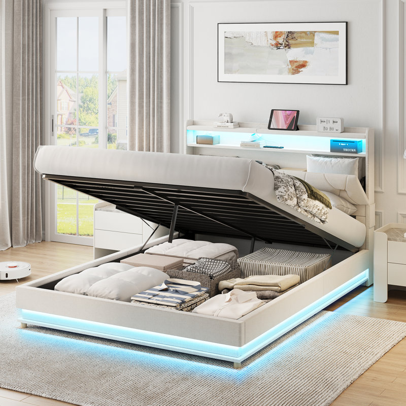 Base de lit avec rangement Lift Up, Beige, Lit simple