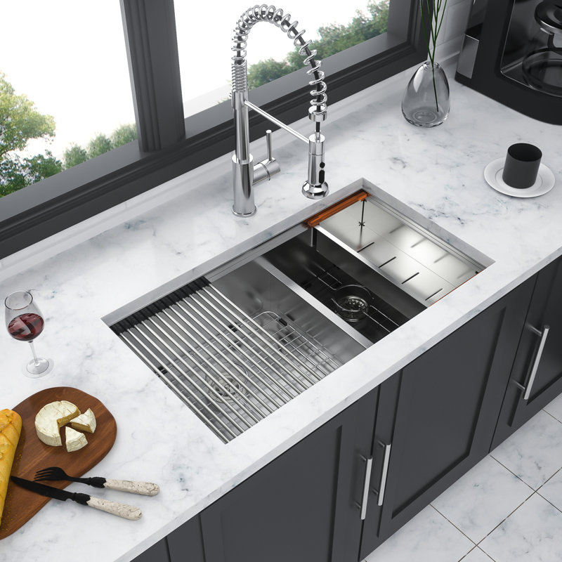 30"X19" Double Bowl 60/40  Undermount Kitchen Sink 16 Gauge T304 Stainless Steel With Two 10" Deep Basin, Flat Apron Front Design, X - Shaped Water Guide, R10 Rounded Corner, Coating, 3Mm Rubber Pad,