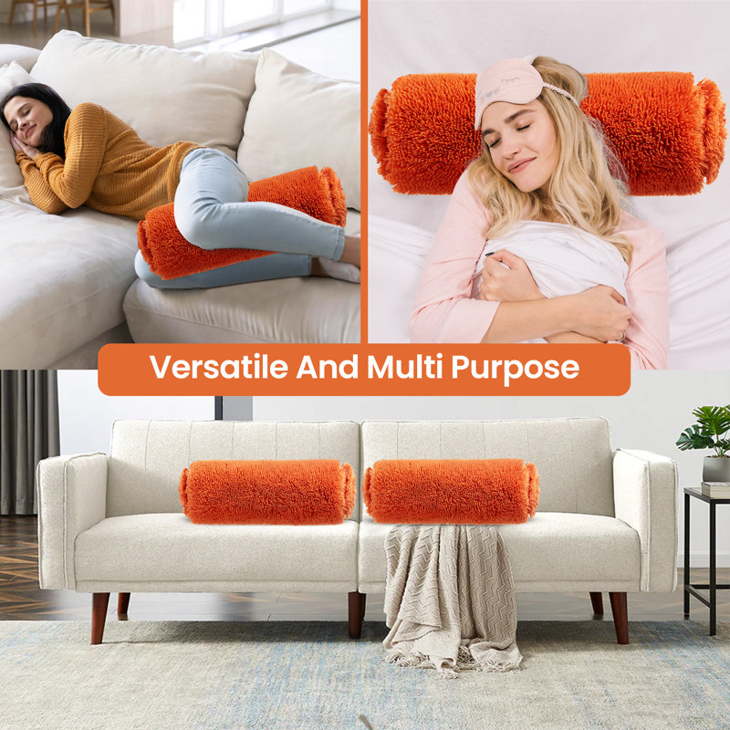 Rust Orange Shaggy Long Hair Bolster Pillows Set