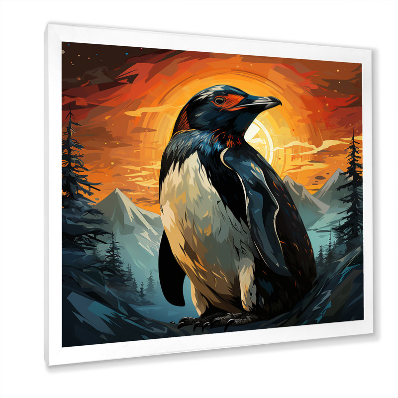 Coucher de soleil sur glace, pingouin charme III - art mural pingouin, H 30 po x l 30 po x P 1,5 po, Cadre simple blanc