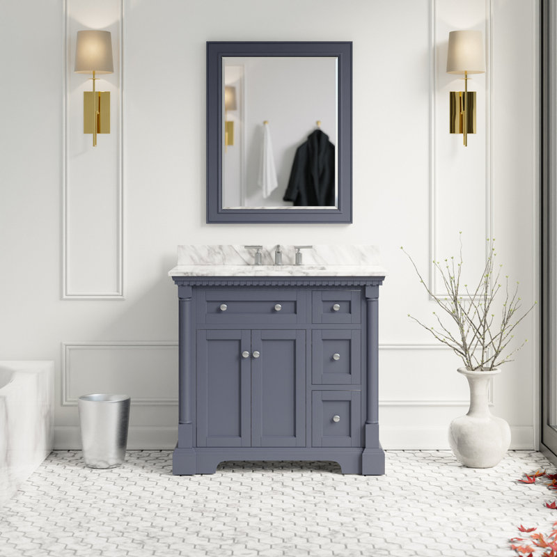 Ensemble de meuble-lavabo simple 36 po Fossen, Gris marine, Marbre de Carrare
