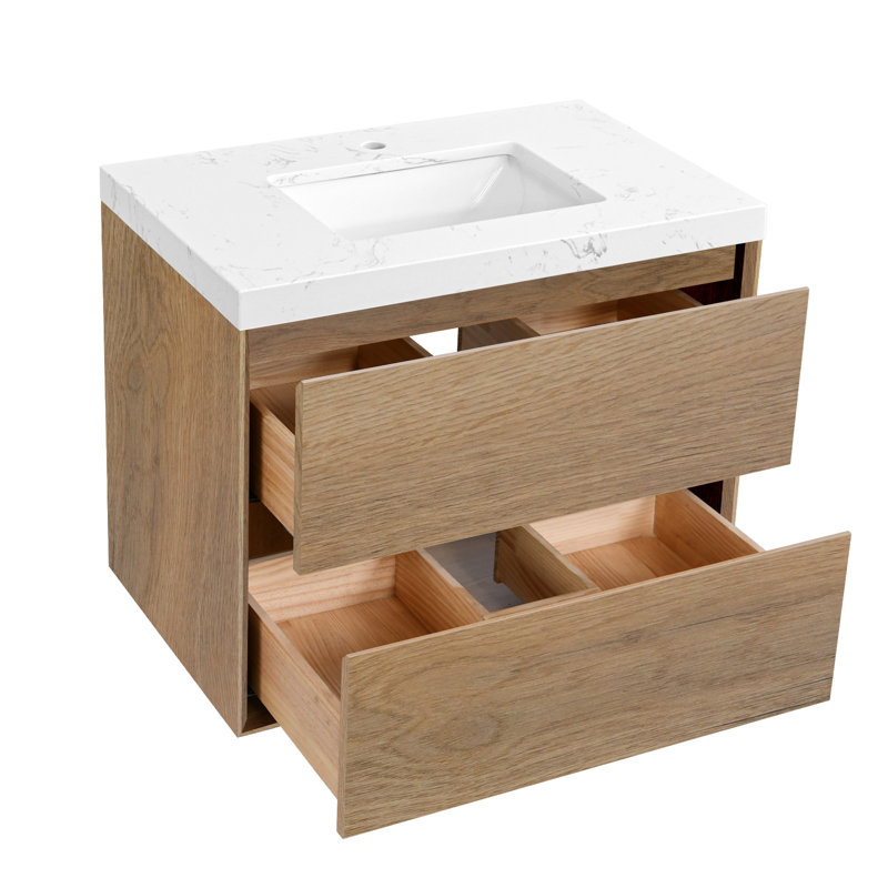 Wall-mounted Bath Vanity With Engineered Marble Top, 30", Natural wood
