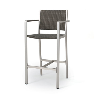 Tabourets de bar d'extérieur en aluminium antirouille 29,50 po avec siège et dossier en rotin PE, ensemble de 2, argent et gris