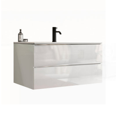 Meuble-lavabo mural blanc brillant avec lavabo en céramique, grand rangement et conception pré-assemblée pour les salles de bain modernes